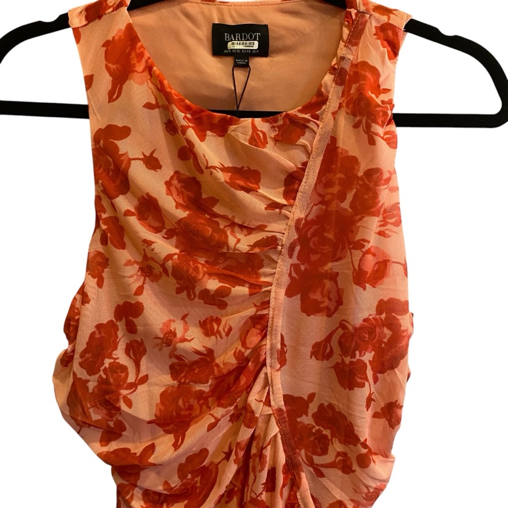 Bardot Coral and Pink Ruched Mesh Romantic Stretchy Sleeveless Floral Top sz 12